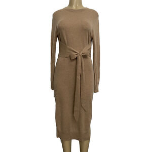 Autumn Cashmere Midi Sweater Dress Beige Nude Waist Tie Long Sleeve Crew Neck L